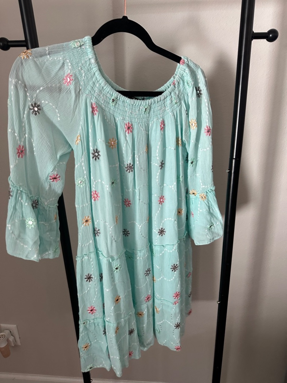 Aura Mint Green Embroidered Long Sleeve Floral Dress